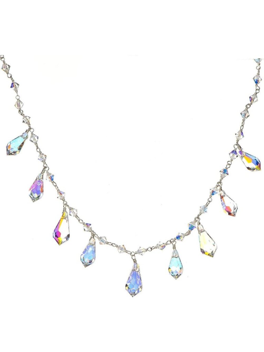 Stunning Aurora Borealis Crystal Teardrop Necklace on Sterling Silver, 18